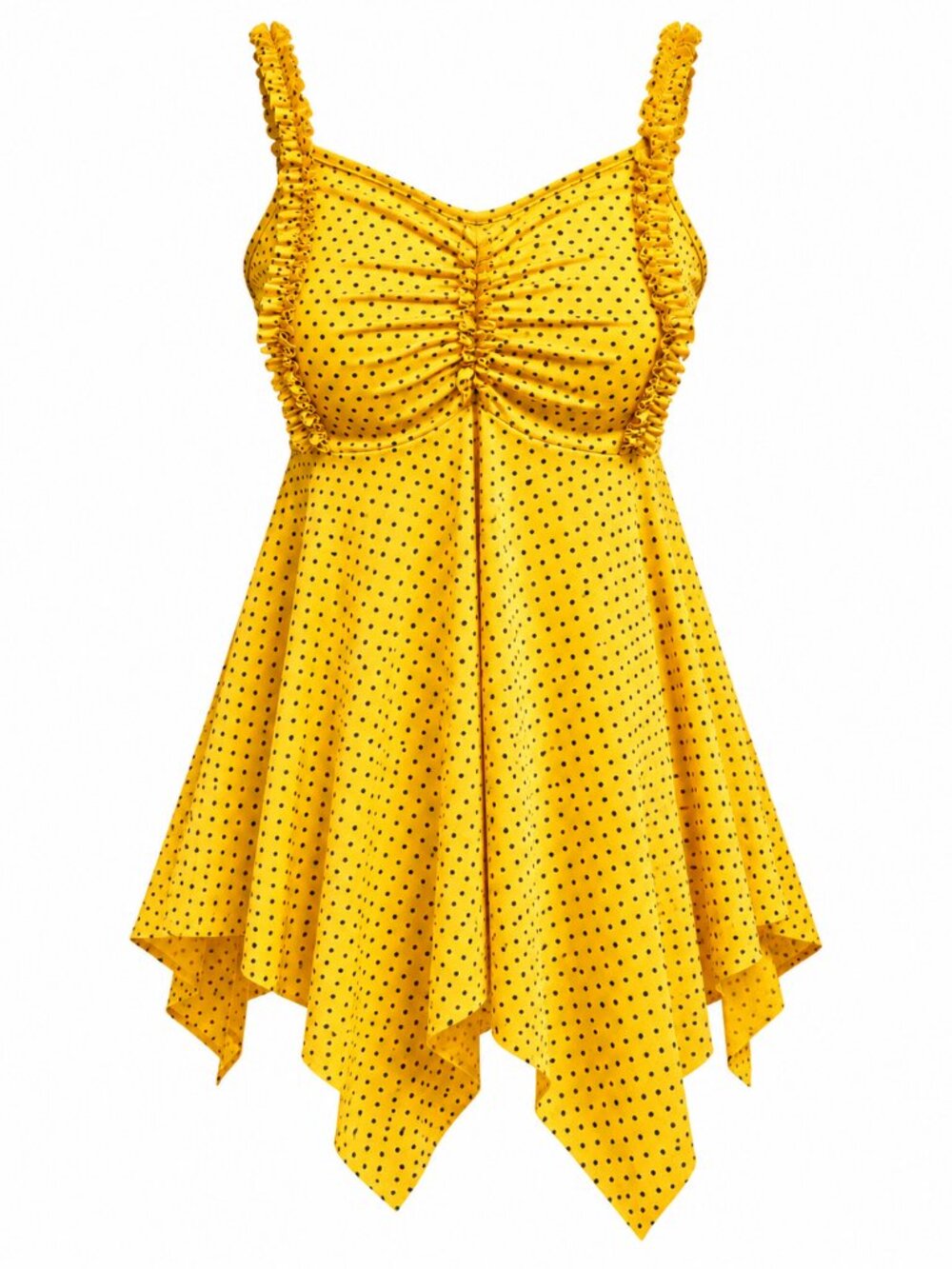 Sunshine Daze Yellow Polka Dot Ruched Ruffle Handkerchief Hem Top
